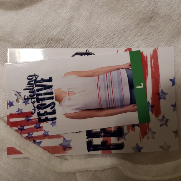 NWT Feeling Festive, Red, White Blue V-Neck top with capped ruffle sleeves.  L - Picture 2 of 5